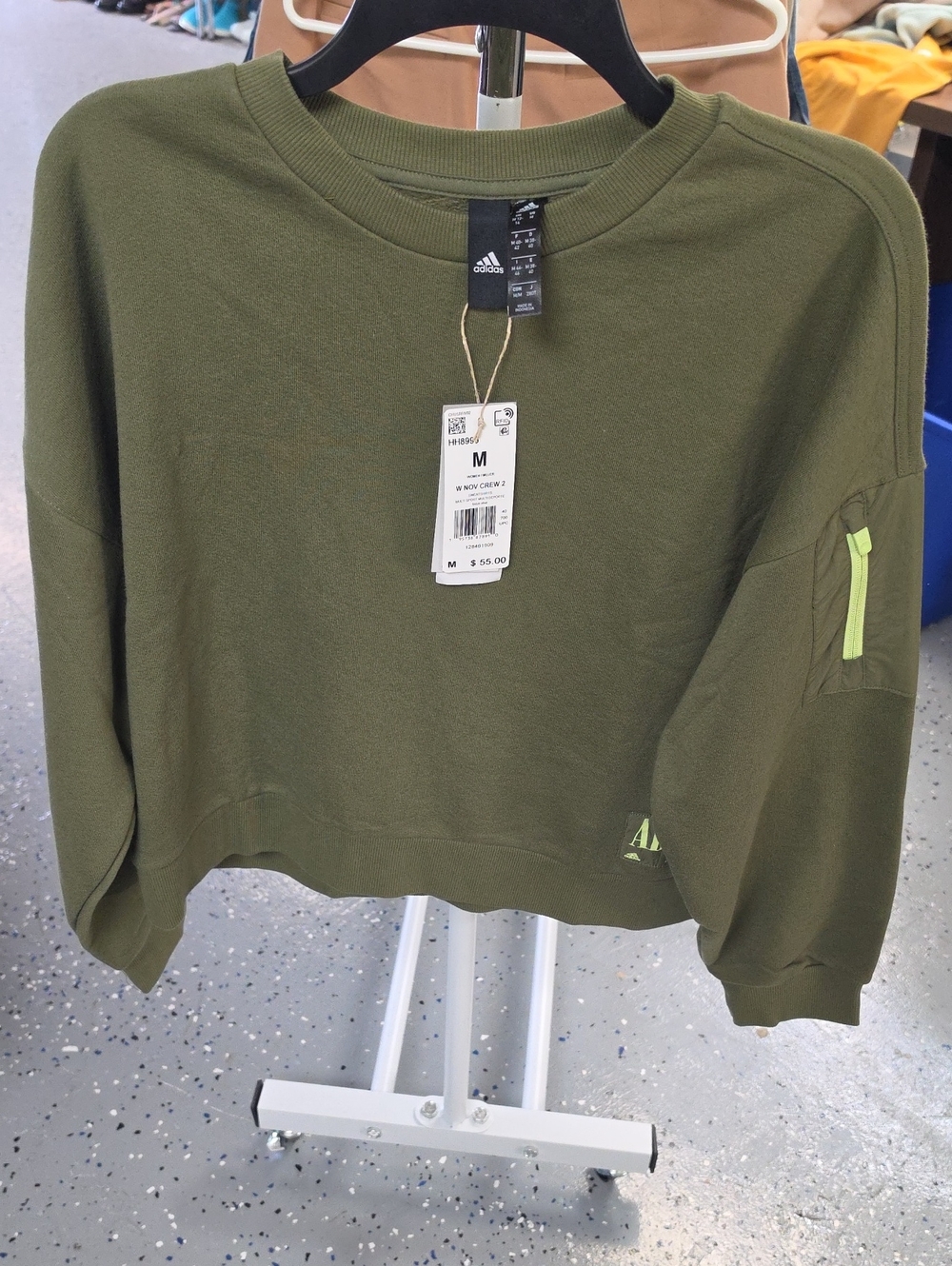adidas Olive Green Crewneck Sweater with Neon Zip Detail
